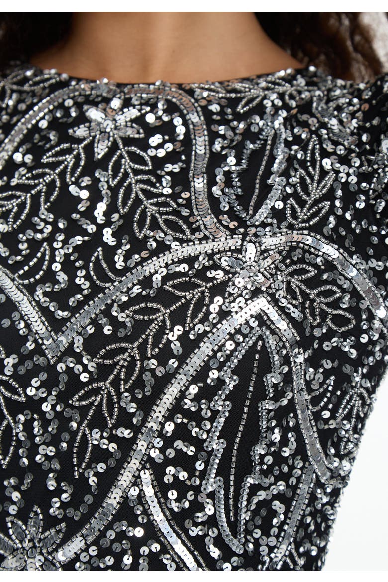 Modest Embellished Sequin Beaded Dress Maxi With Fit Bodice and Trail, Alternate, color, BLACK