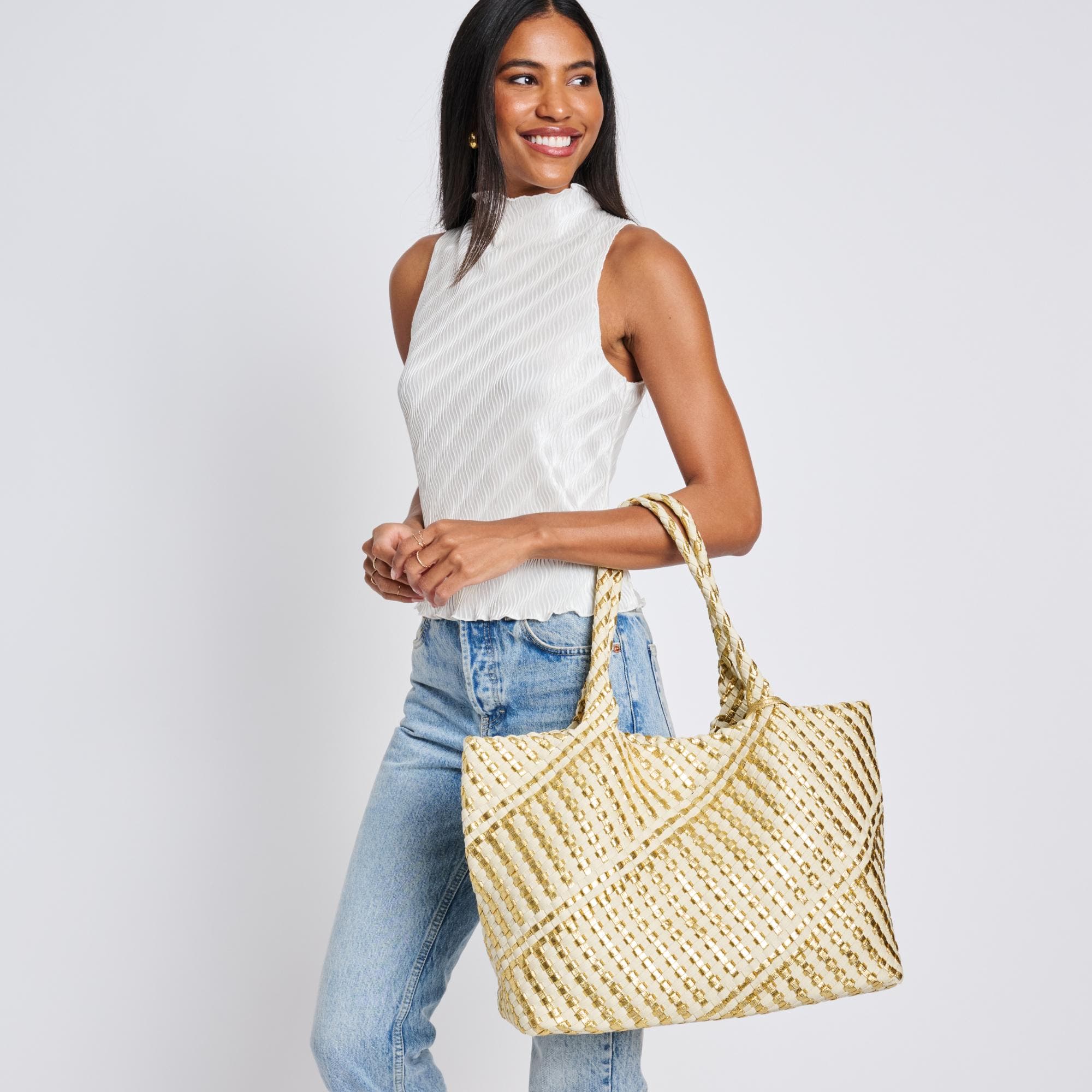 Solana - Mixed Material Tote, Alternate, color, Gold Ivory