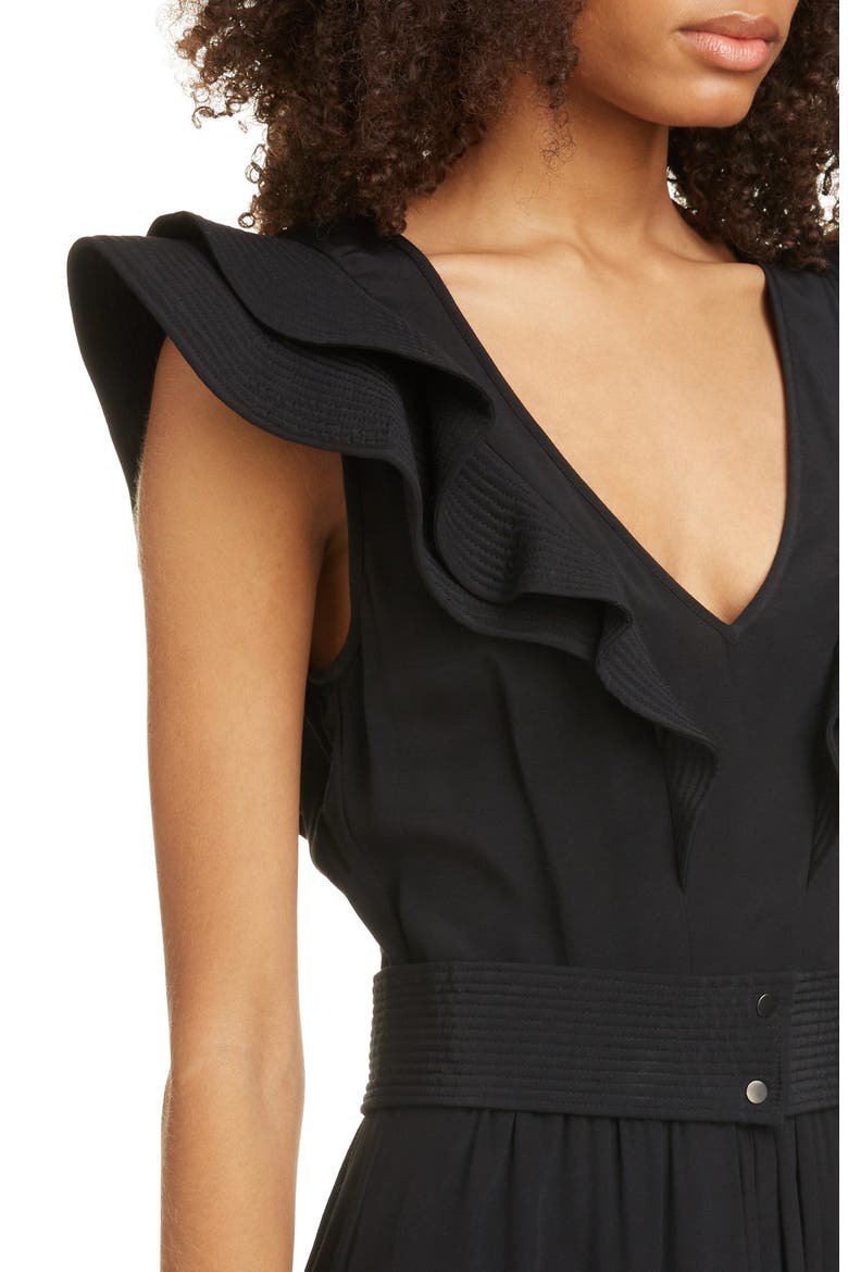 Coraline Ruffle Trim Midi Dress, Alternate, color, BLACK