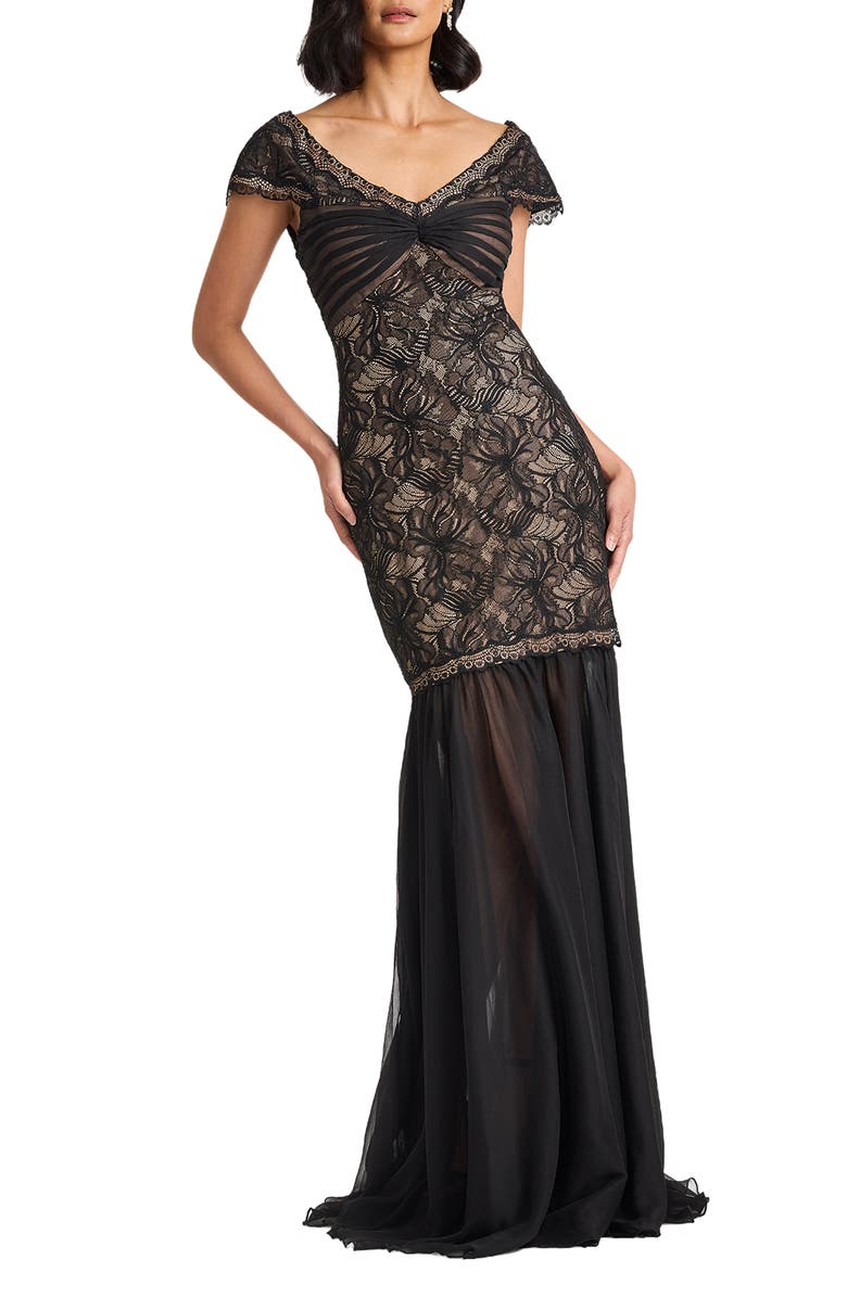 Tadashi Shoji Off the Shoulder Mixed Media Lace Gown, Alternate, color, Black/ Nude