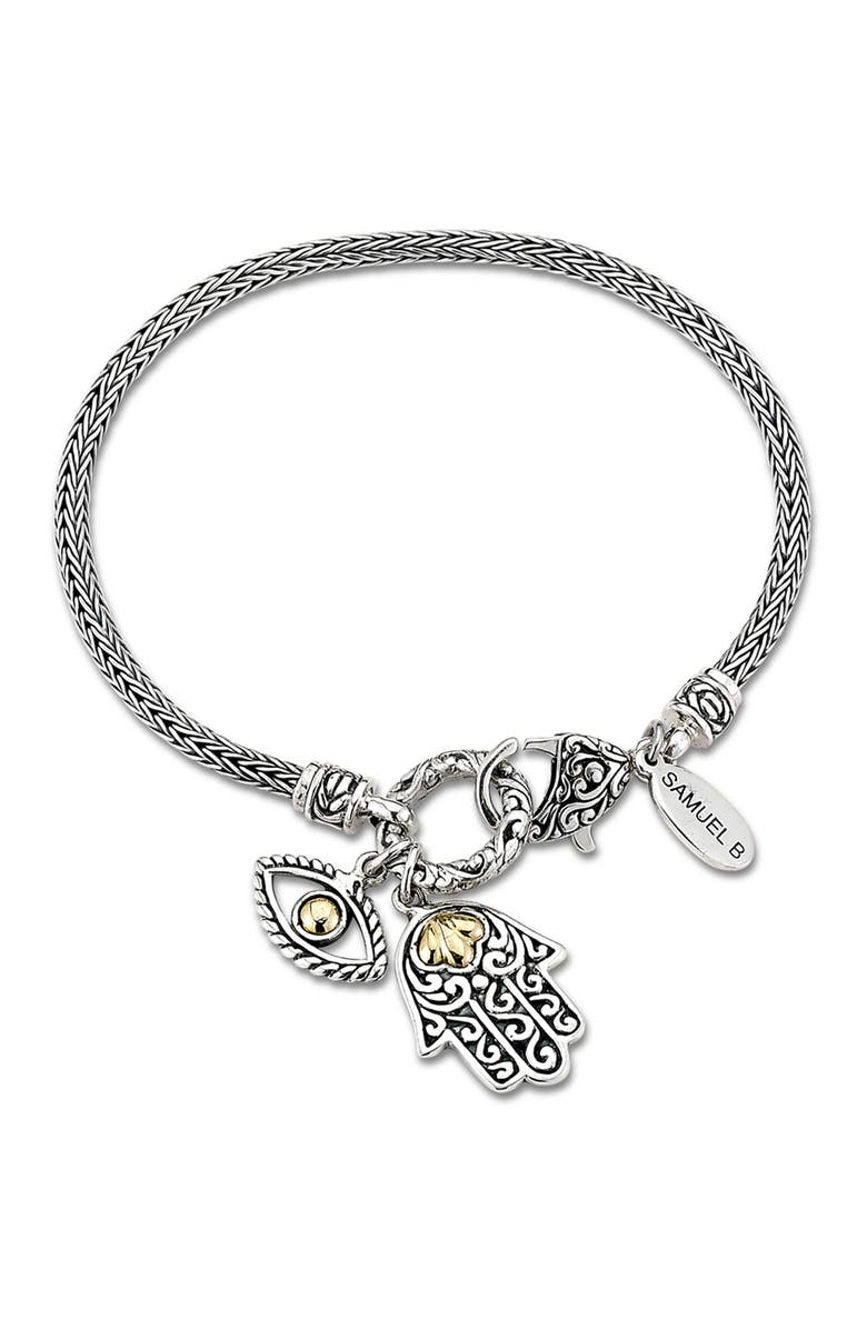 SAMUEL B. Sterling Silver & 18K Gold Hamsa And Evil Eye Charm Bracelet, Main, color,