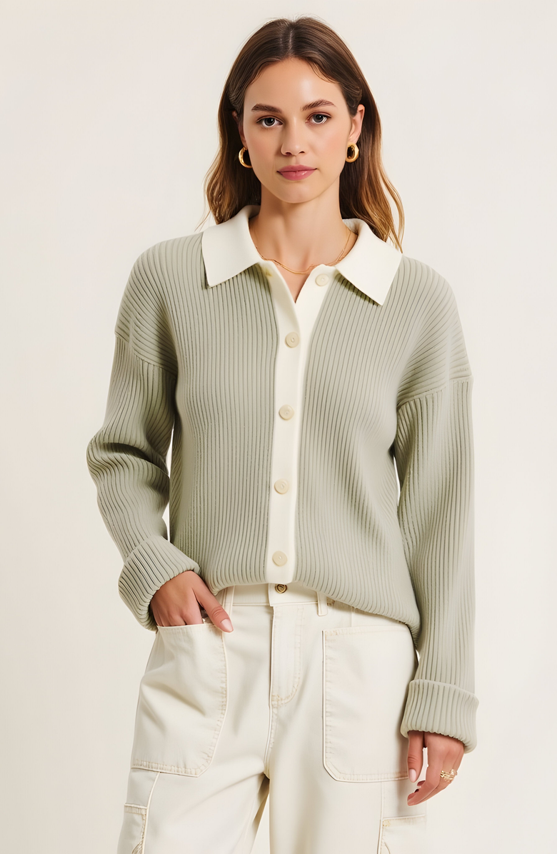 Modenaire Ribbed Knit Cardigan with Contrast Trim, Button Front and Point Collar, Main, color, 