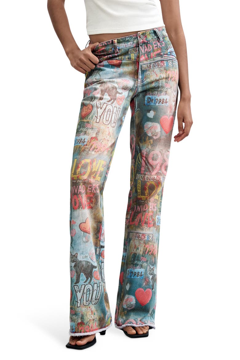 Graphic Flare Leg Jeans, Main, color, MEDIUM BLUE