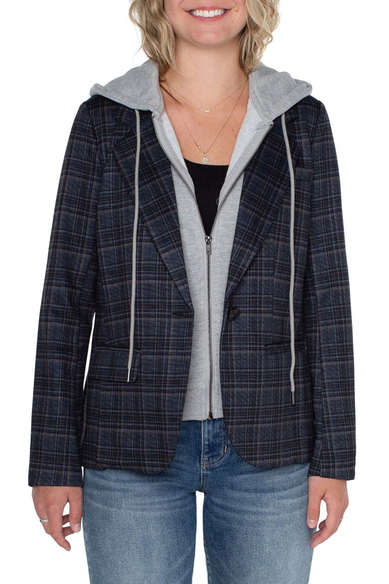 Plaid Boyfriend Blazer with Removable Hoodie Bib, Main, color, NAVY/ GREY