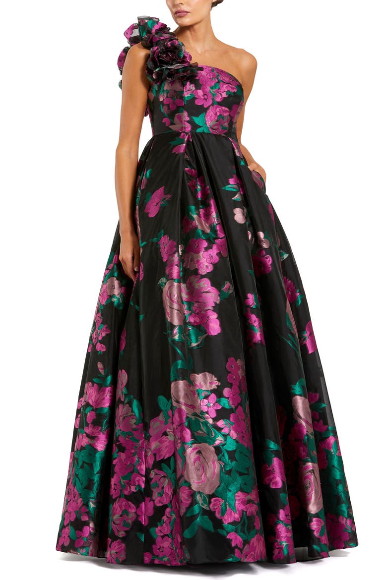 One Shoulder Floral Brocade Ballgown, Main, color, Black Multi