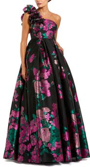 Mac Duggal One Shoulder Floral Brocade Ballgown