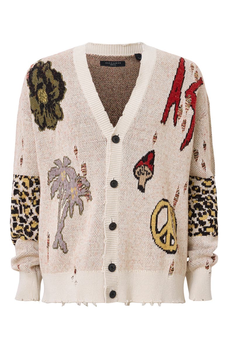 AllSaints Jay Distressed Jacquard Cardigan, Alternate, color, 