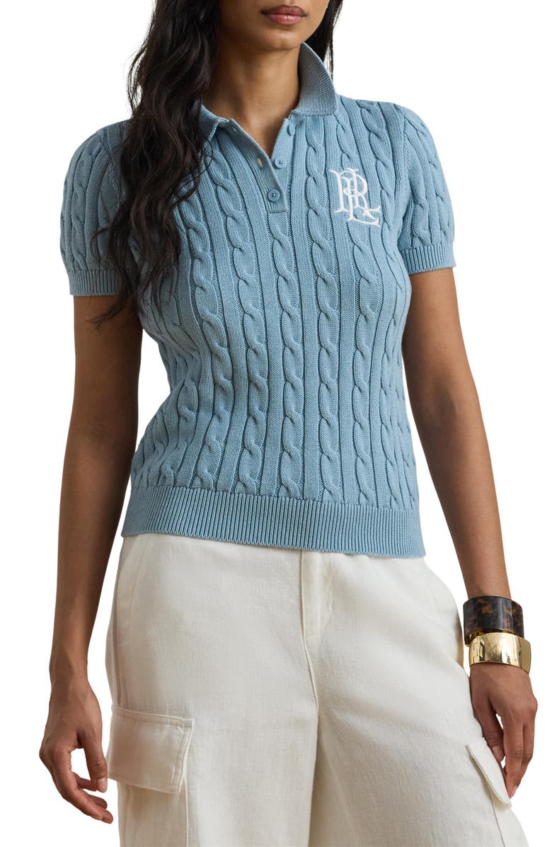 Lauren Ralph Lauren Natrissa Cable Knit Cotton Polo Sweater, Main, color, Blue Note