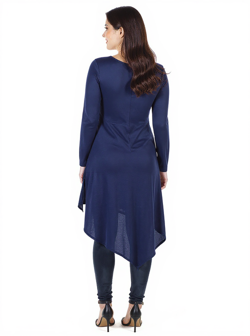 24seven Comfort Apparel Long Sleeve Knee Length Asymmetrical Maternity Tunic Top In Blue