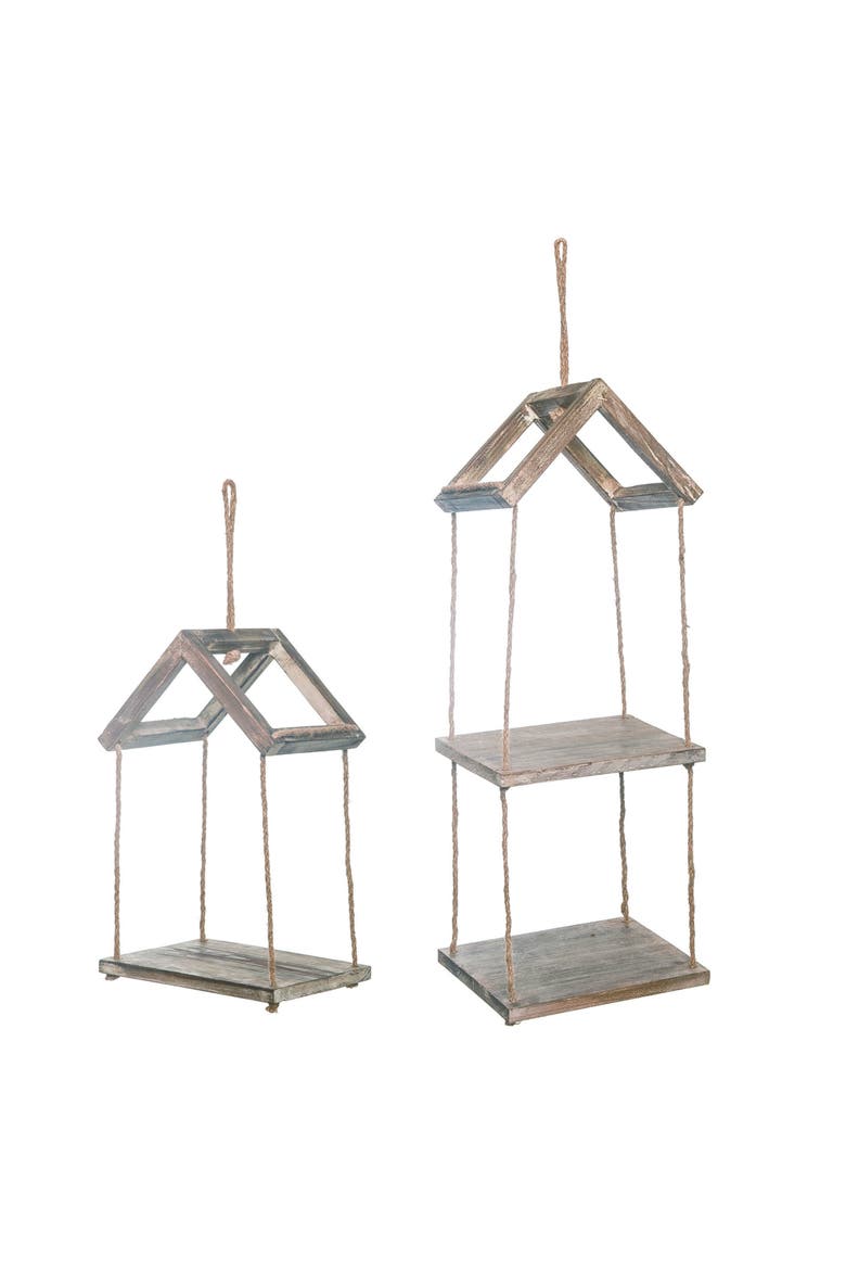Wood 23.75" Brown Spring Tiered Hanging House Shelf Set of 2, Decorative Wall Shelves, Wood, Brown, Indoor Use, Main, color, Brown