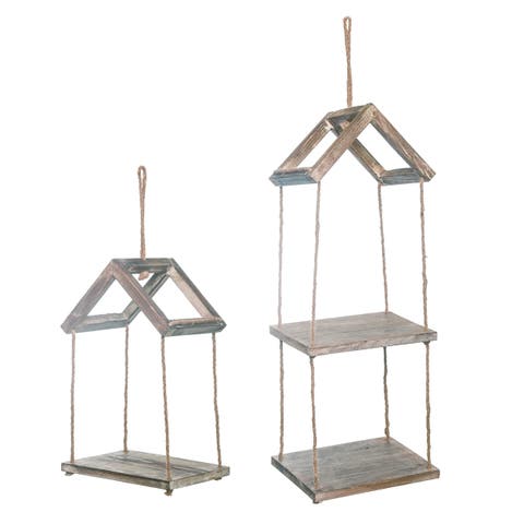 Wood 23.75" Brown Spring Tiered Hanging House Shelf Set of 2, Decorative Wall Shelves, Wood, Brown, Indoor Use