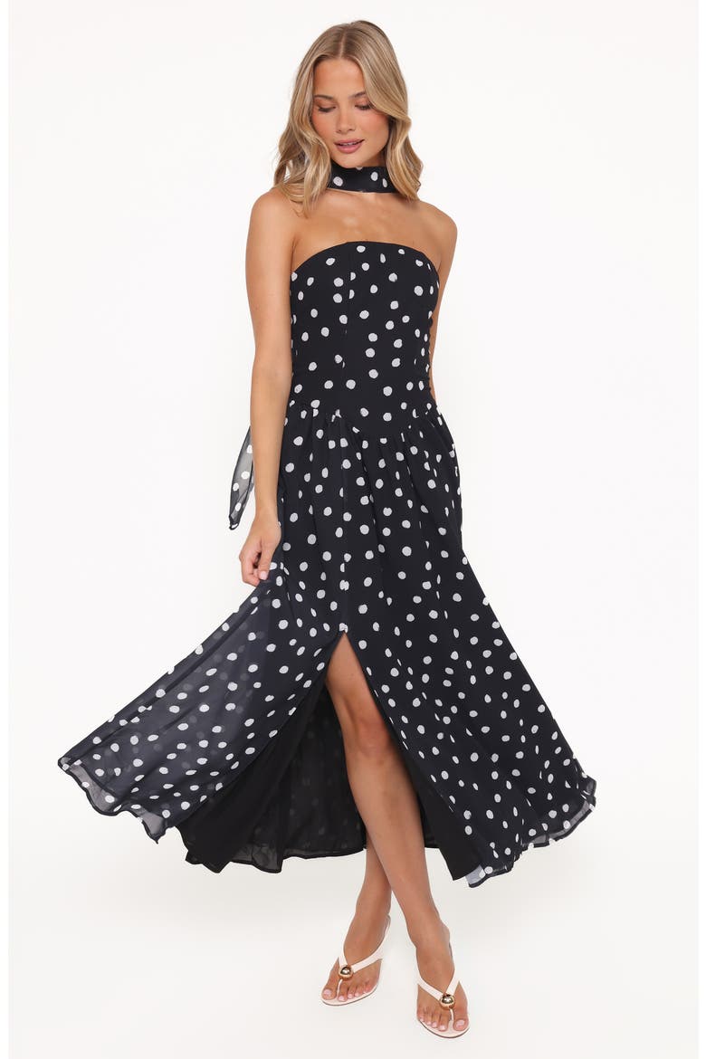 Boston Dot Strapless Maxi Dress with Scarf, Alternate, color, BLACK POLKA DOT