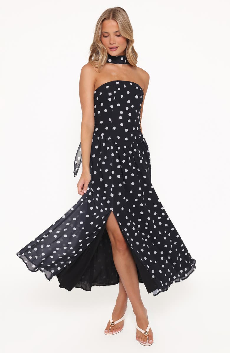 Petal & Pup Boston Dot Strapless Maxi Dress with Scarf, Alternate, color, Black Polka Dot