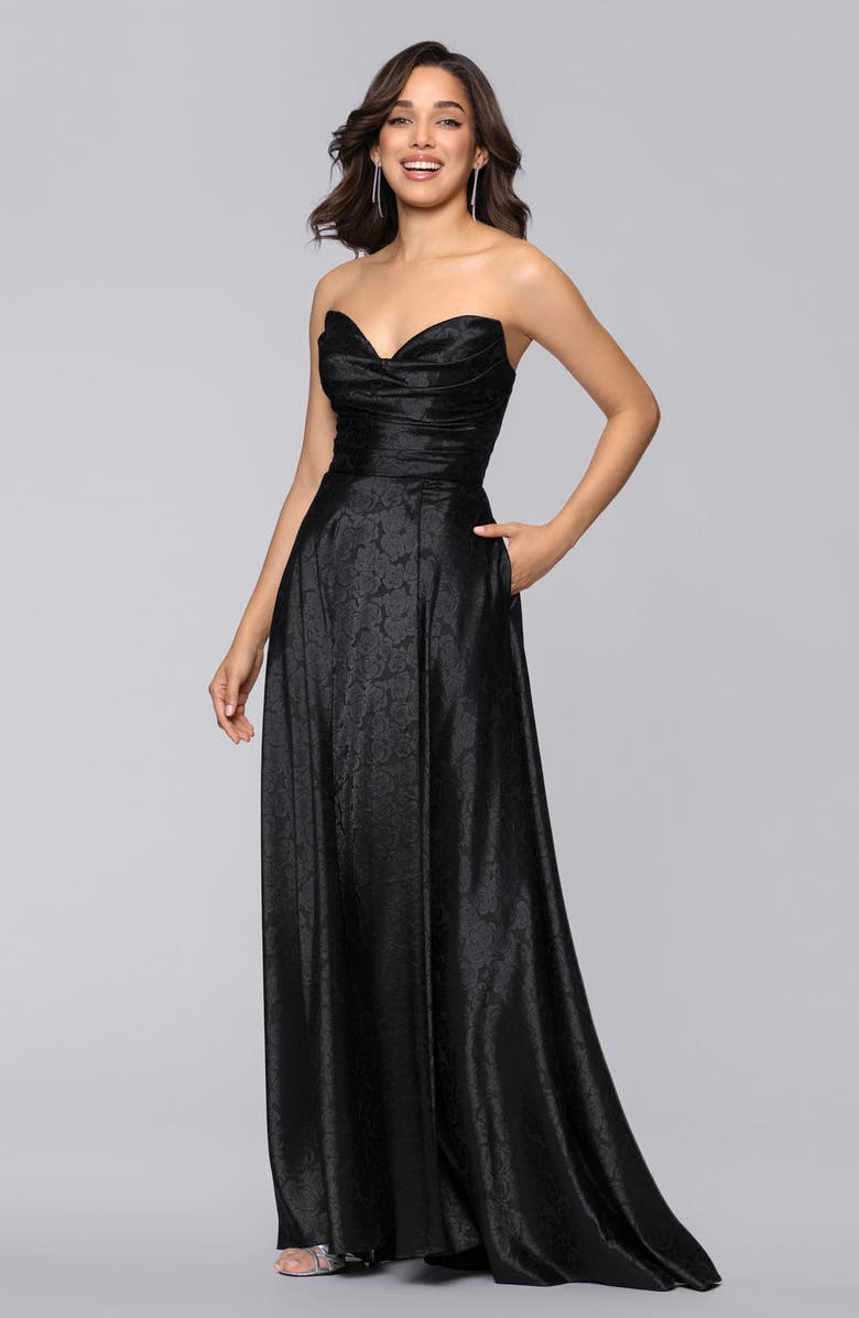 Blondie Nites Jaquard Strapless Gown, Alternate, color, Black