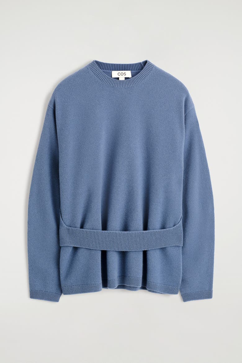 Belt-detail Merino Wool Sweater, Alternate, color, BLUE MEDIUM DUSTY