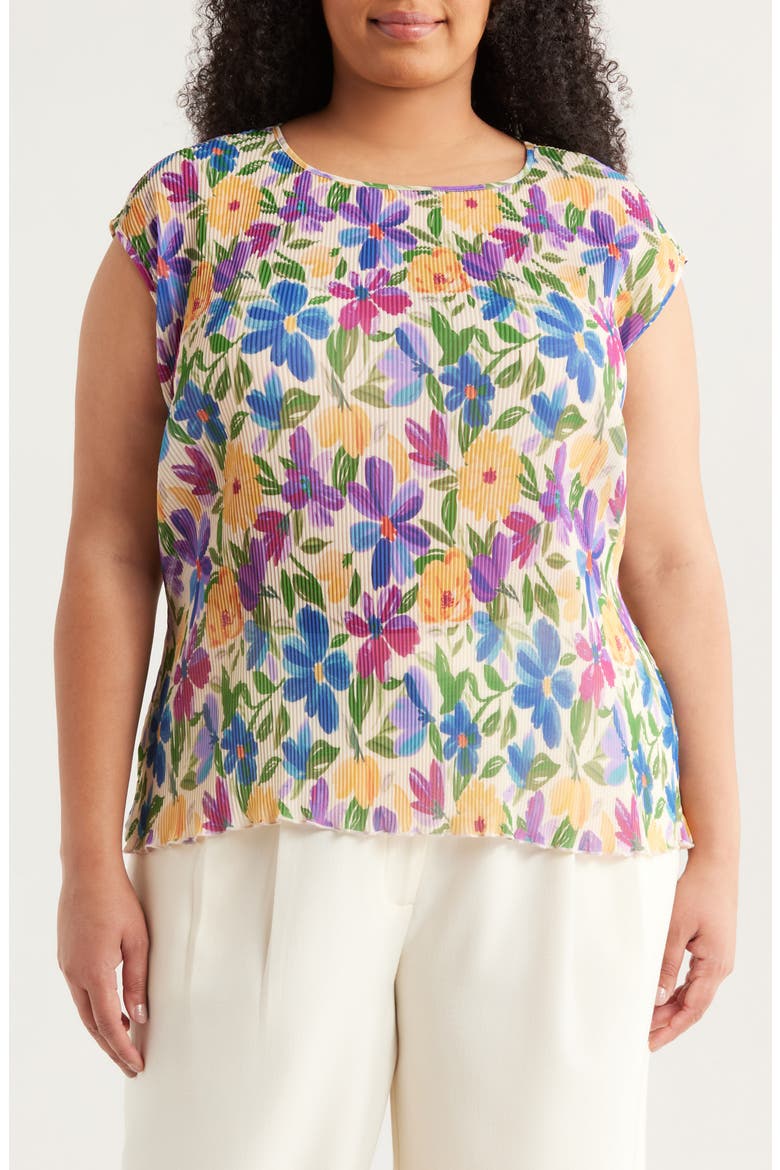 Floral Plissé Cap Sleeve Top, Main, color, SAND JUNGLE
