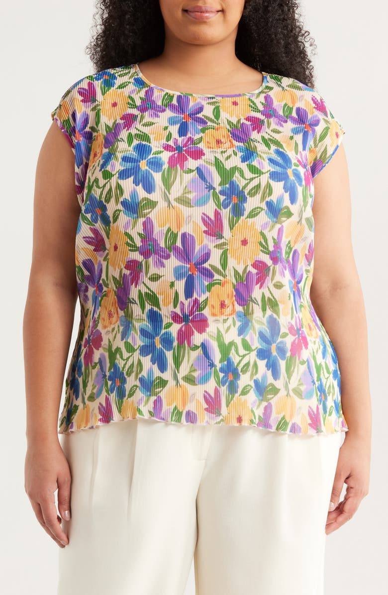 Tahari ASL Floral Plissé Cap Sleeve Top, Main, color, Sand Jungle