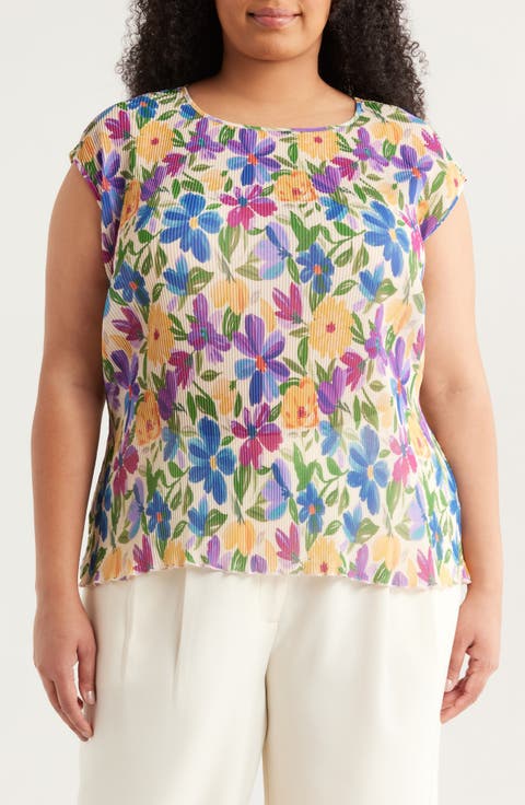 Floral Plissé Cap Sleeve Top (Plus)