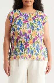 Tahari ASL Floral Plissé Cap Sleeve Top