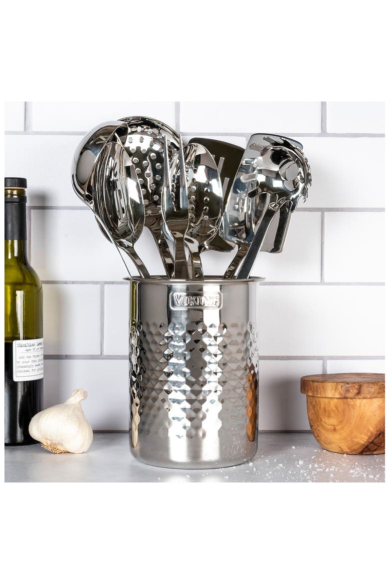 Hammered Stainless Steel Utensil Holder, Alternate, color, SILVER