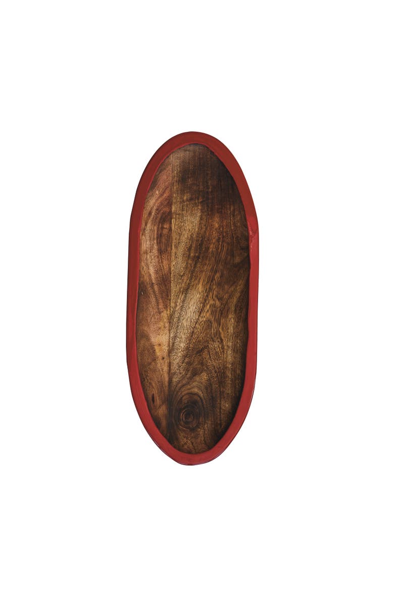 Mango Wood Oval Tray with Enameled Edge, Red, Main, color, Red