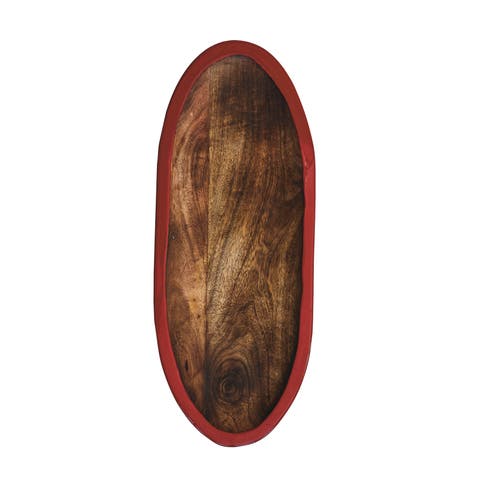 Mango Wood Oval Tray with Enameled Edge, Red