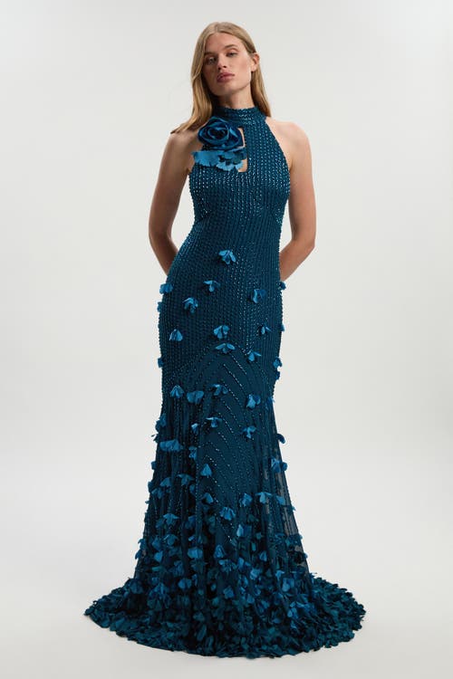 Karen Millen Petite Woven Maxi Rosette Dress In Blue