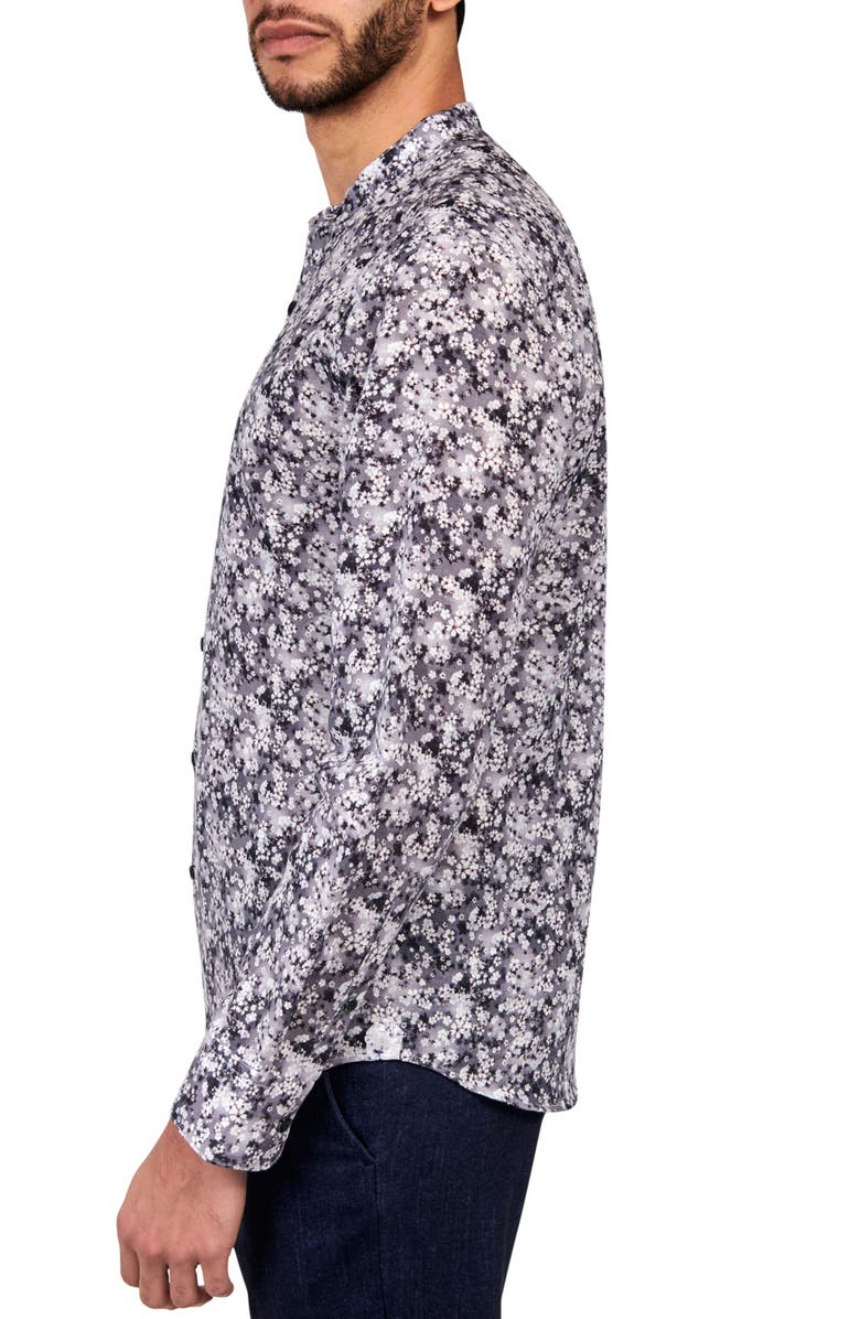 Brooklyn Brigade Slim Fit Cherry Blossom Linen Cotton Banded Collar Long Sleeve Shirt, Alternate, color, Grey