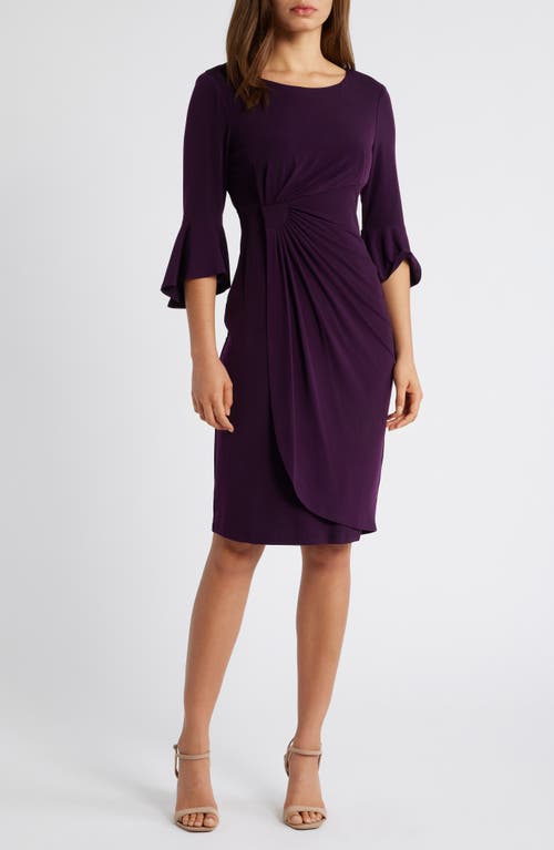 Connected Apparel Ruched Bell Sleeve Faux Wrap Cocktail Dress in Aubergine 