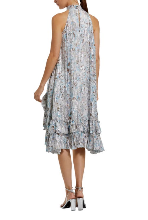 Mac Duggal High Neck Keyhole A-line Floral Ruffle Mini Dress In Ivory Multi
