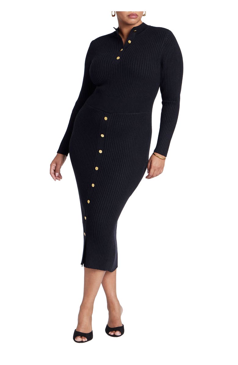 ELOQUII Mock Neck Rib Button Dress, Main, color, Black Onyx