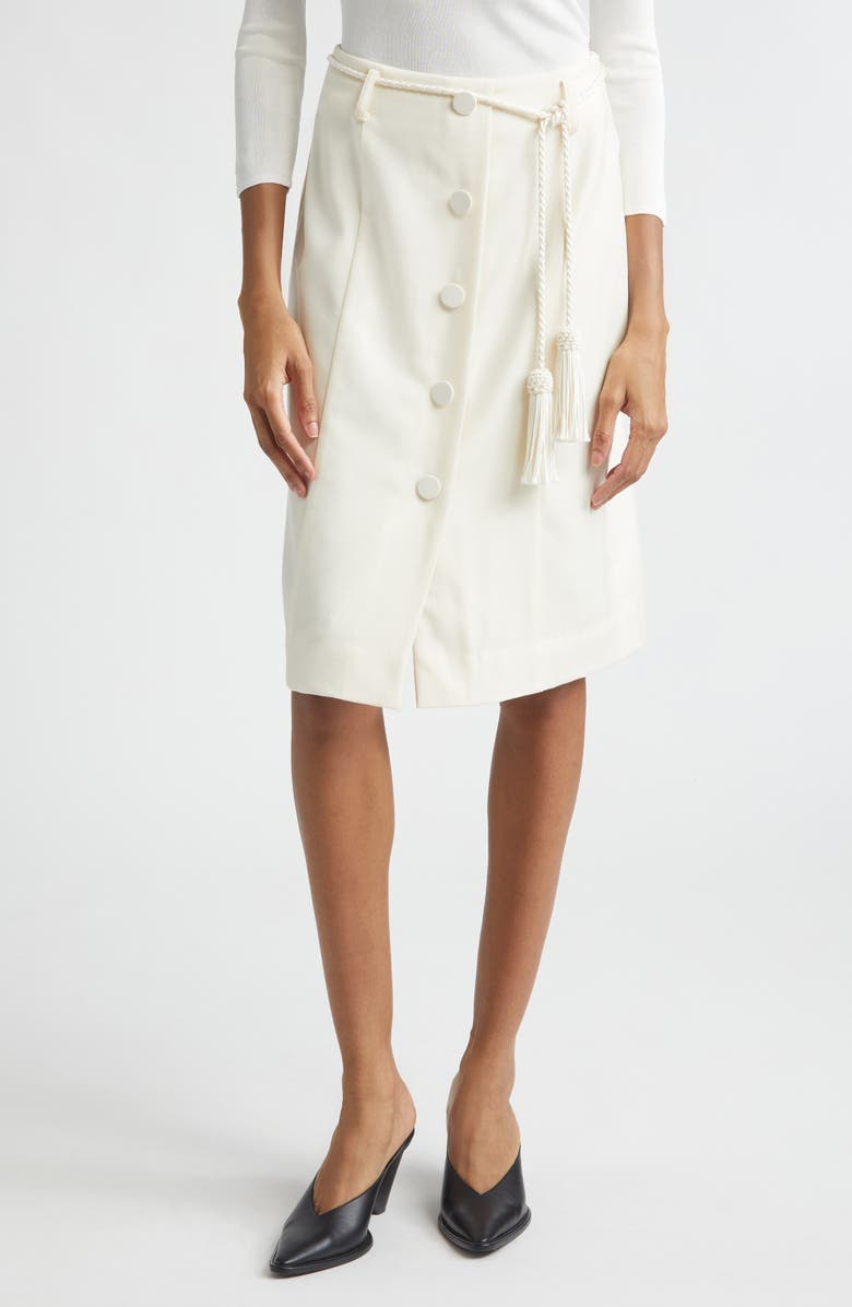 POSSE Elspeth Button Front Belted Wool Midi Skirt, Main, color, Cream