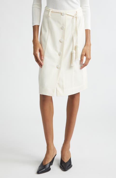 Elspeth Button Front Belted Wool Midi Skirt