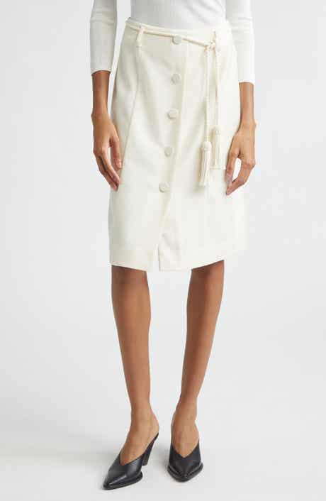 Elspeth Button Front Belted Wool Midi Skirt