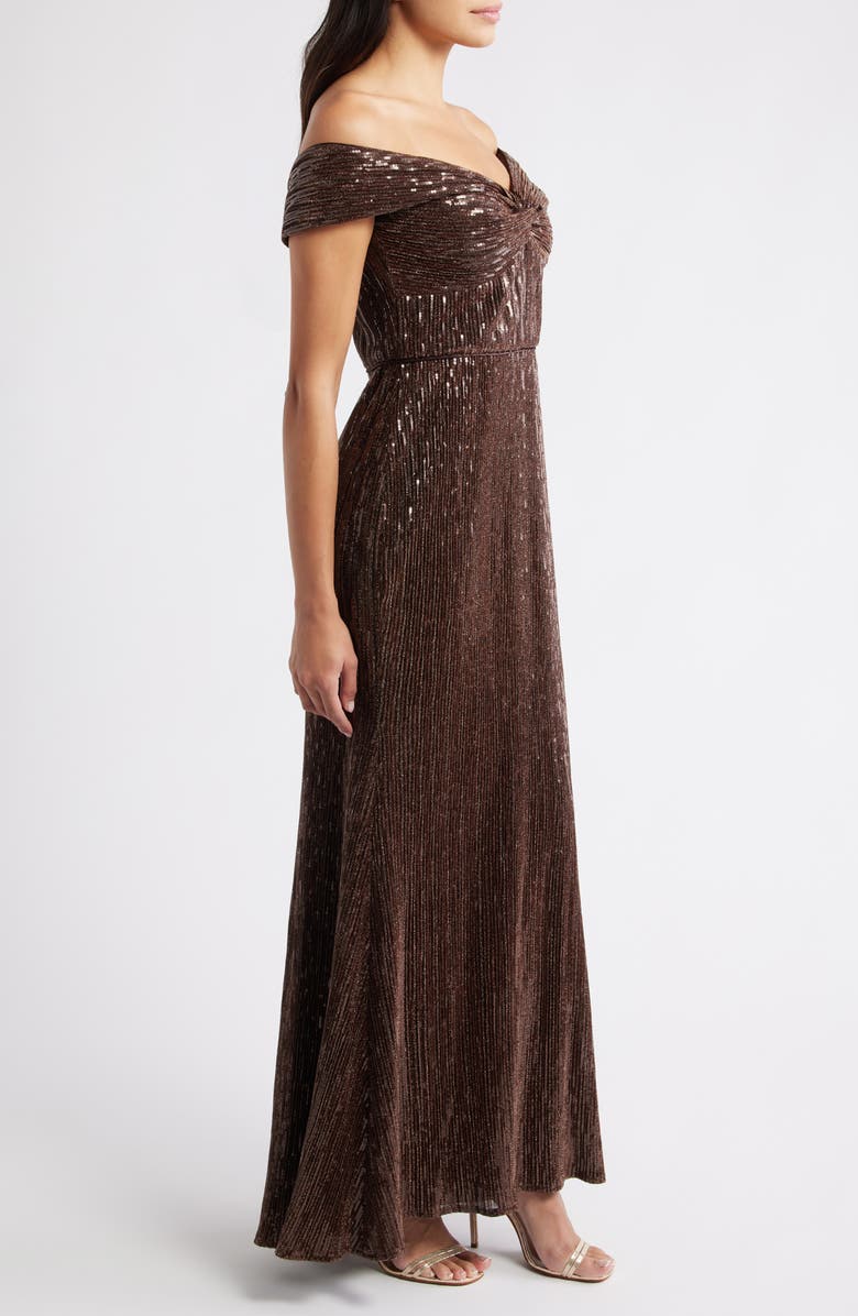 Eliza J Sequin Twist Off the Shoulder Gown, Alternate, color, Chocolate