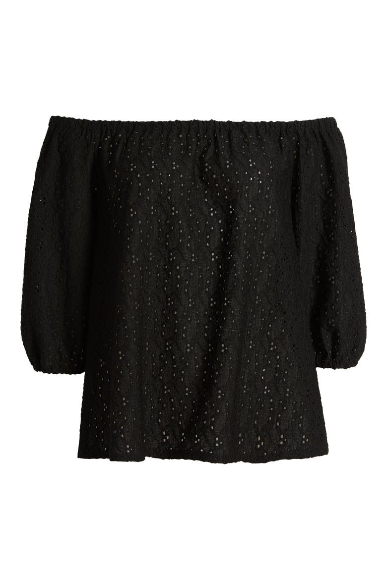 Off the Shoulder Eyelet Top, Alternate, color, BLACK