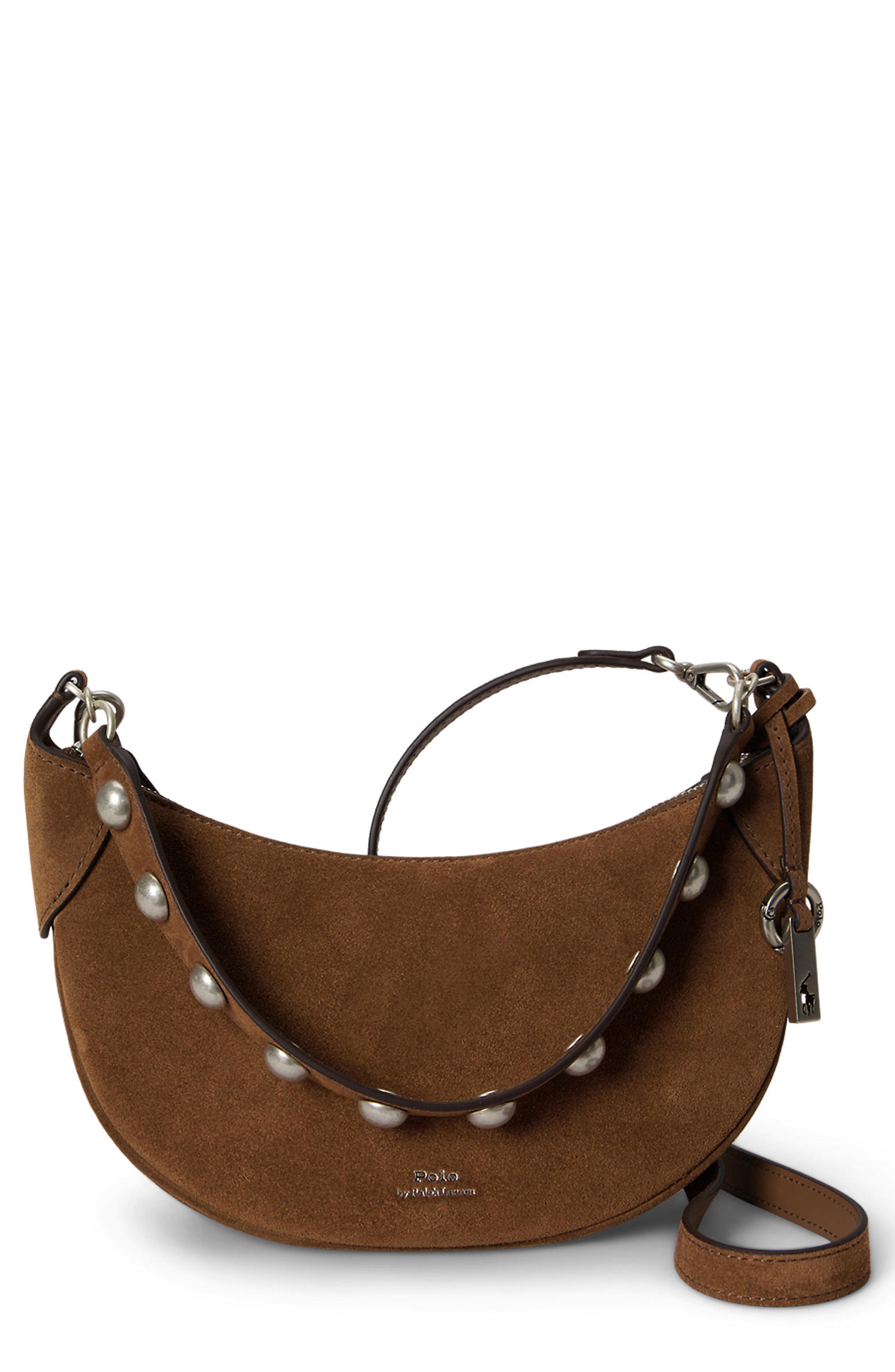Polo Ralph Lauren Polo ID Stud Suede Crossbody Bag, Main, color, Cinnamon