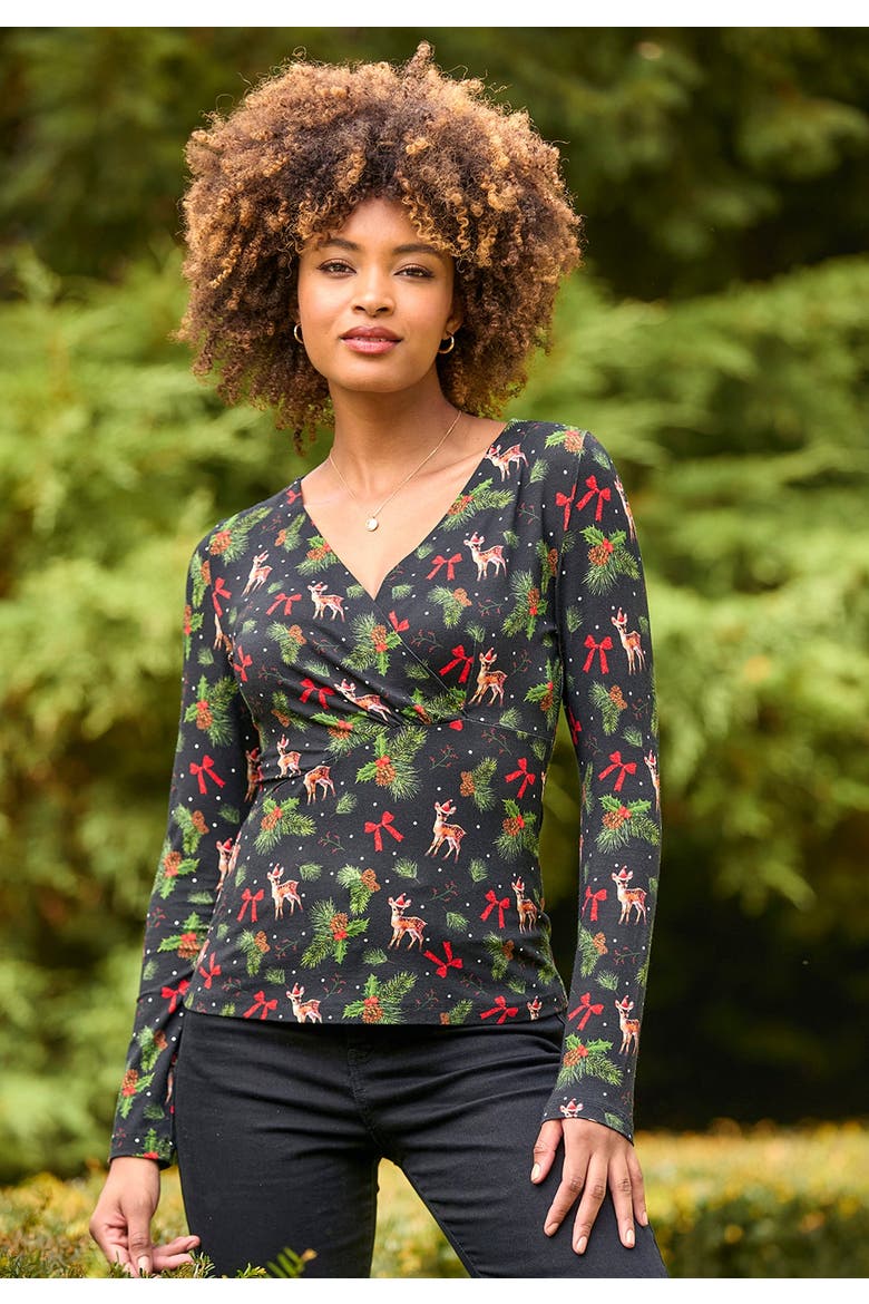 Stretch Knit Festive Wrap Top, Alternate, color, FESTIVE FALLING REINDEER