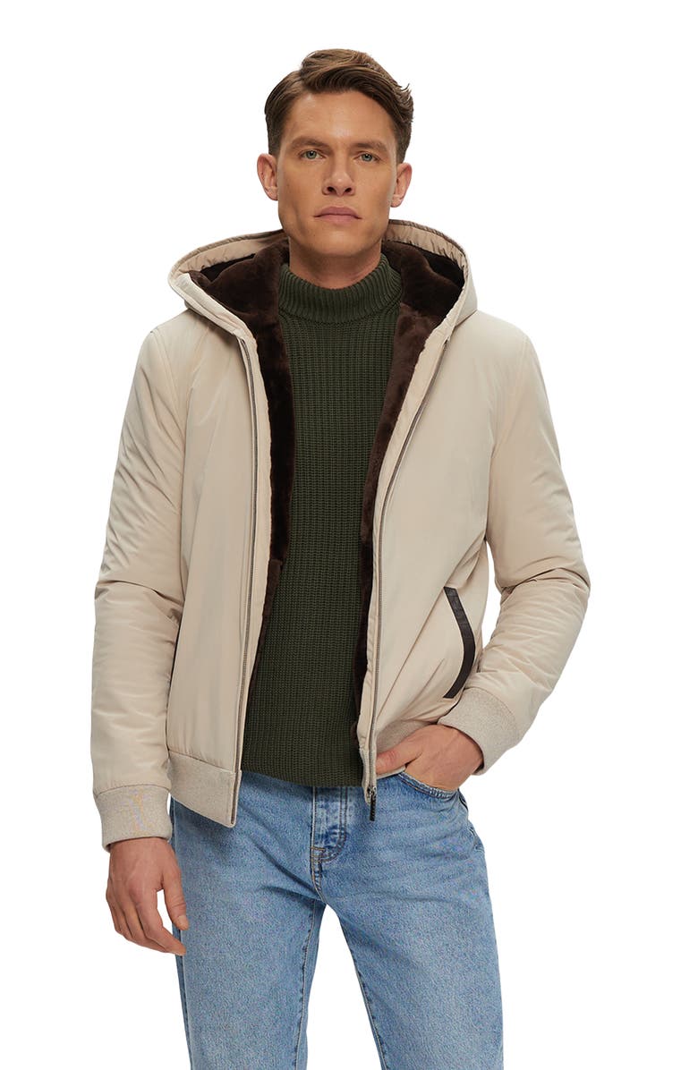 GORSKI Mens Shearling Lamb Lined Bomber Jacket, Main, color, Beige/Brown