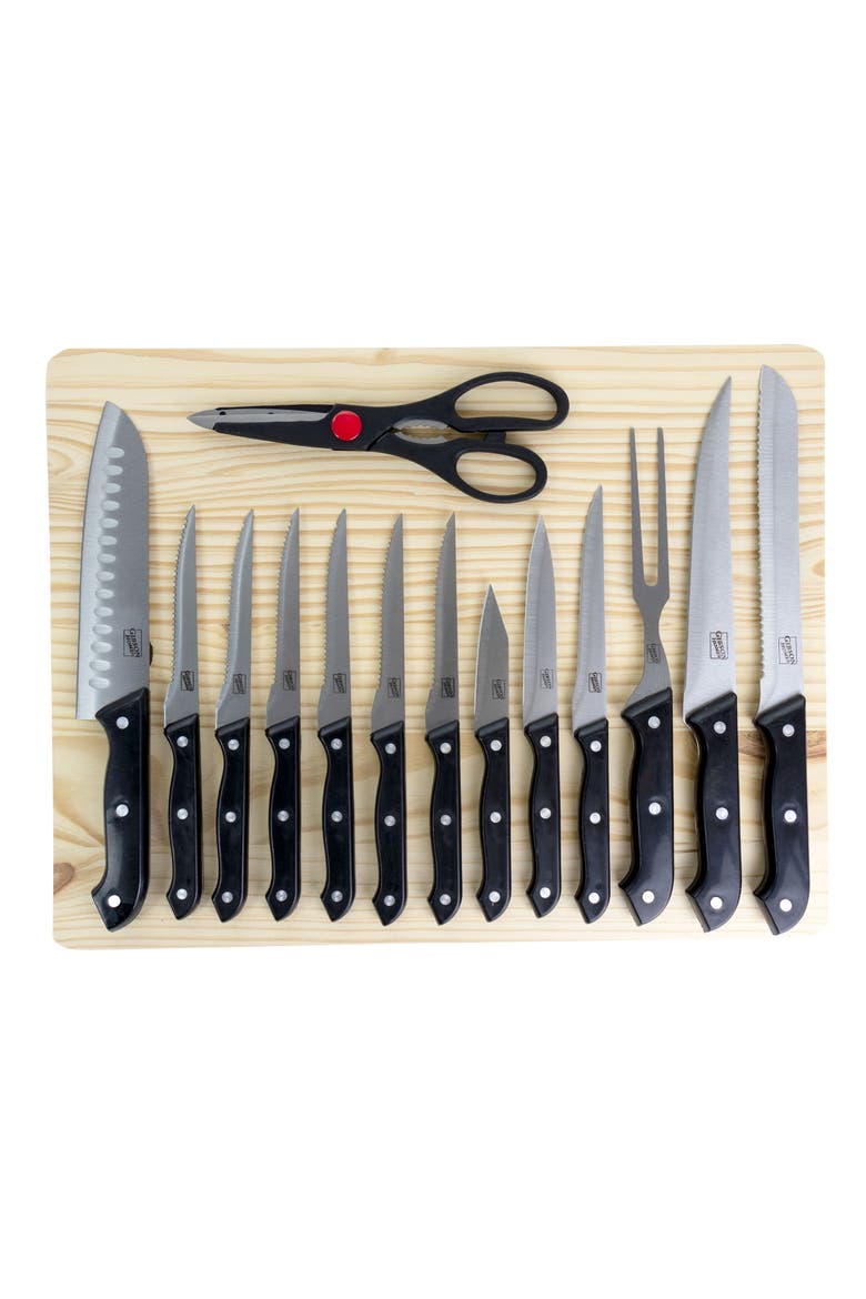 Wildcraft 15 Piece Stainless Steel Cutlery Set with Pine Wood Cutting Board, Main, color, Black