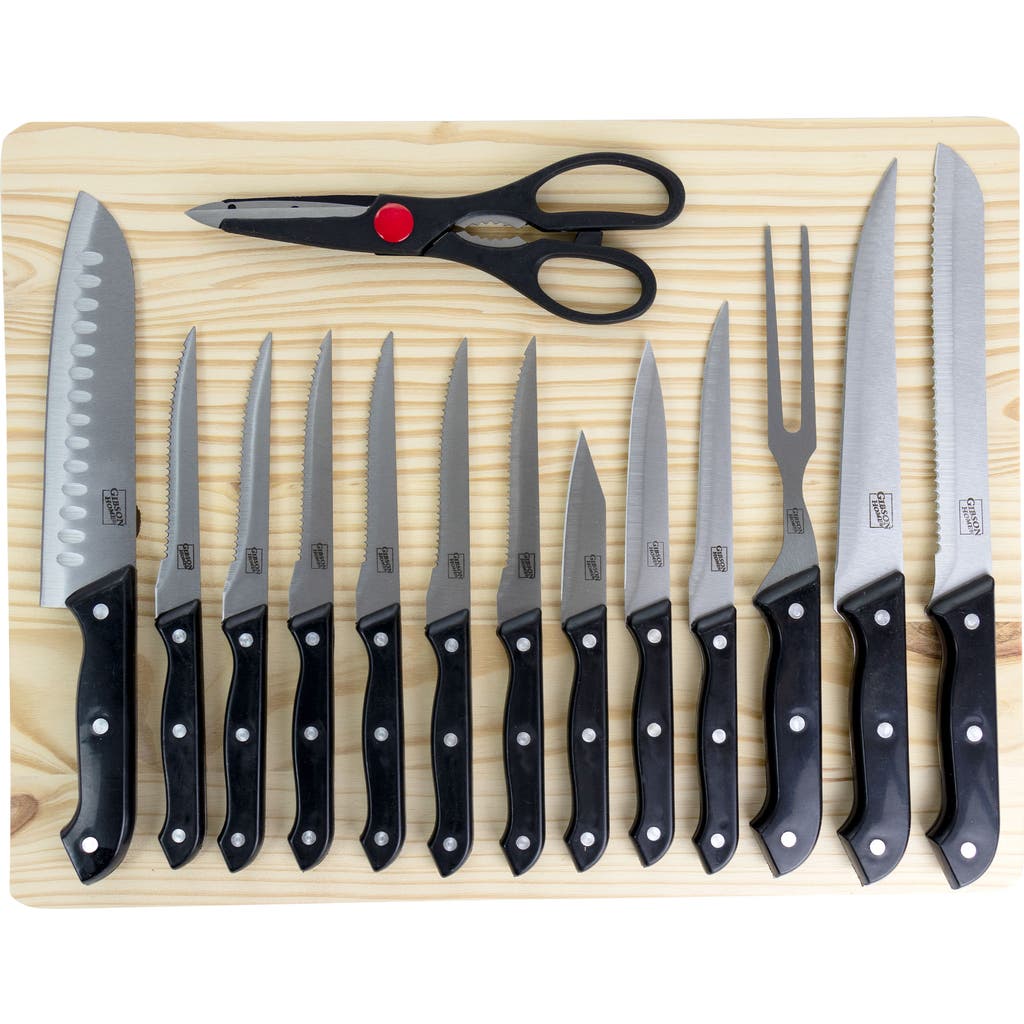 Gibson Home Wildcraft 15 Piece Stainless Steel Cutlery Set With Pine Wood Cutting Board In Black