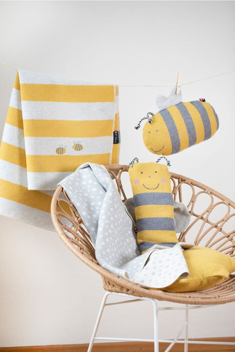 Juwel Stripes With Bees With Embroidery Baby Blanket, Alternate, color, Yellow/Gry