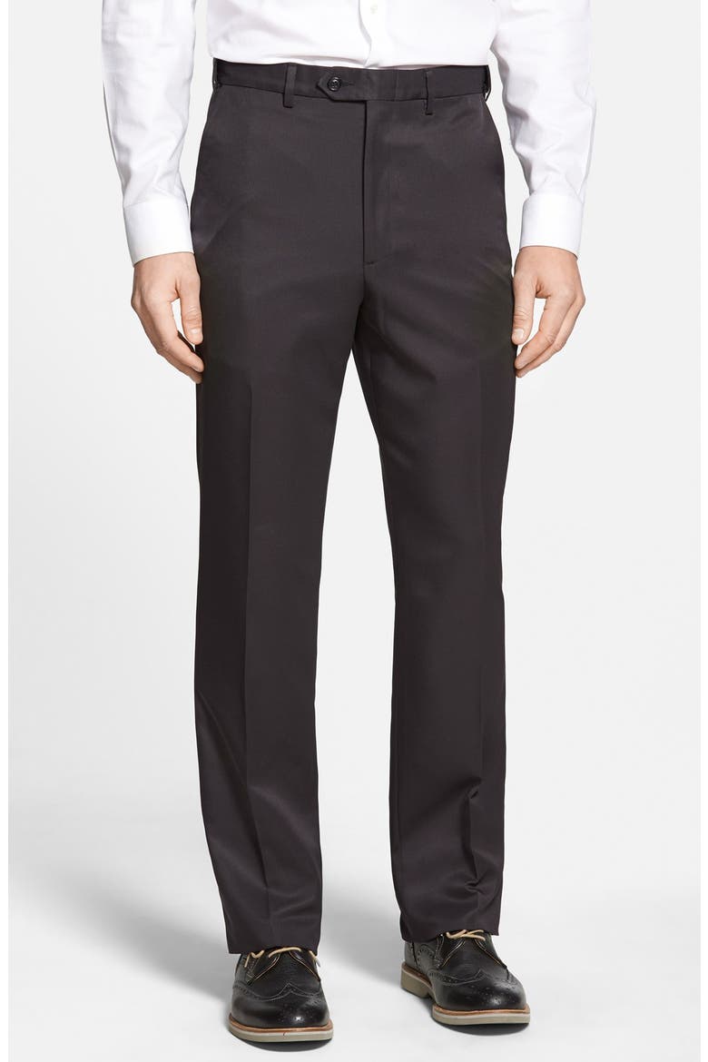 Self Sizer Waist Flat Front Classic Fit Microfiber Trousers, Main, color, BLACK