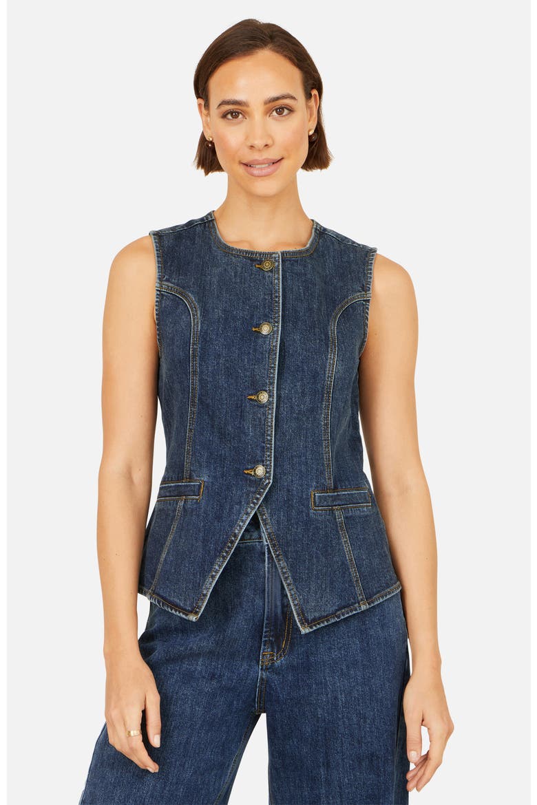 Stretch Long Denim Waistcoat, Main, color, Blue