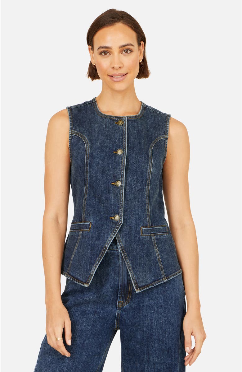 Yumi Stretch Long Denim Waistcoat, Main, color, Blue