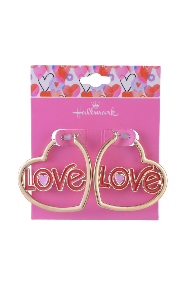 Gold Tone Heart Shaped Hoop Earrings, Alternate, color, Red