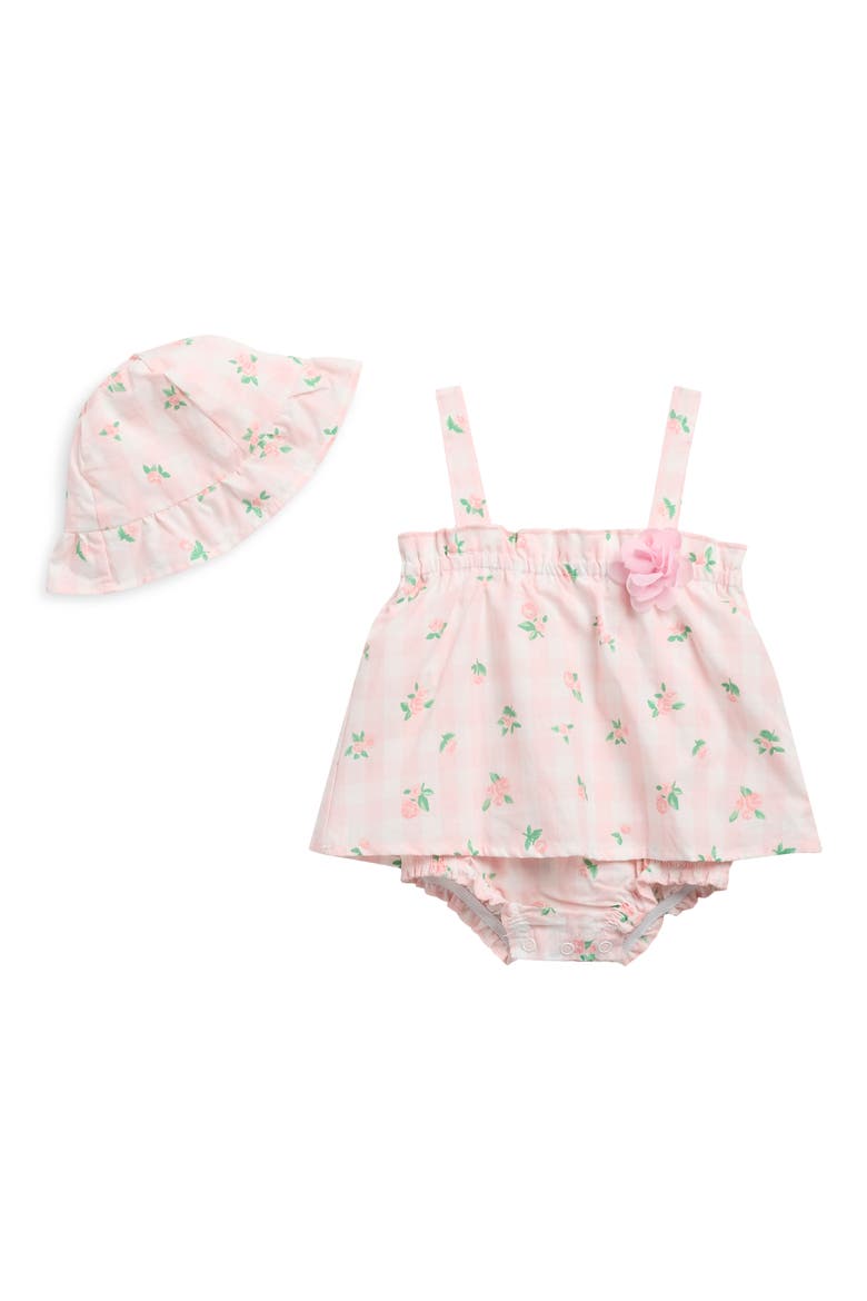Floral Gingham Sunsuit & Hat Set, Main, color, PINK