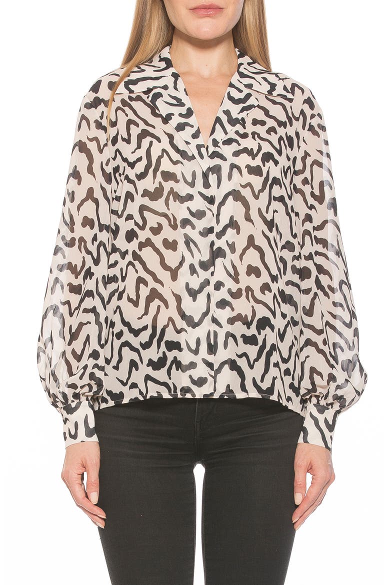 Mila Long Sleeve Chiffon Blouse, Main, color, B/ W ABSTRACT