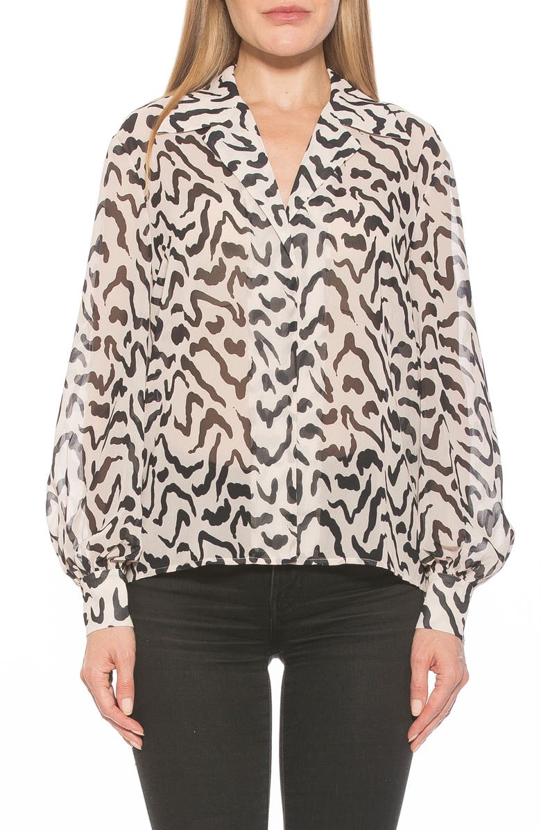 Alexia Admor Mila Long Sleeve Chiffon Blouse, Main, color, B/ W Abstract