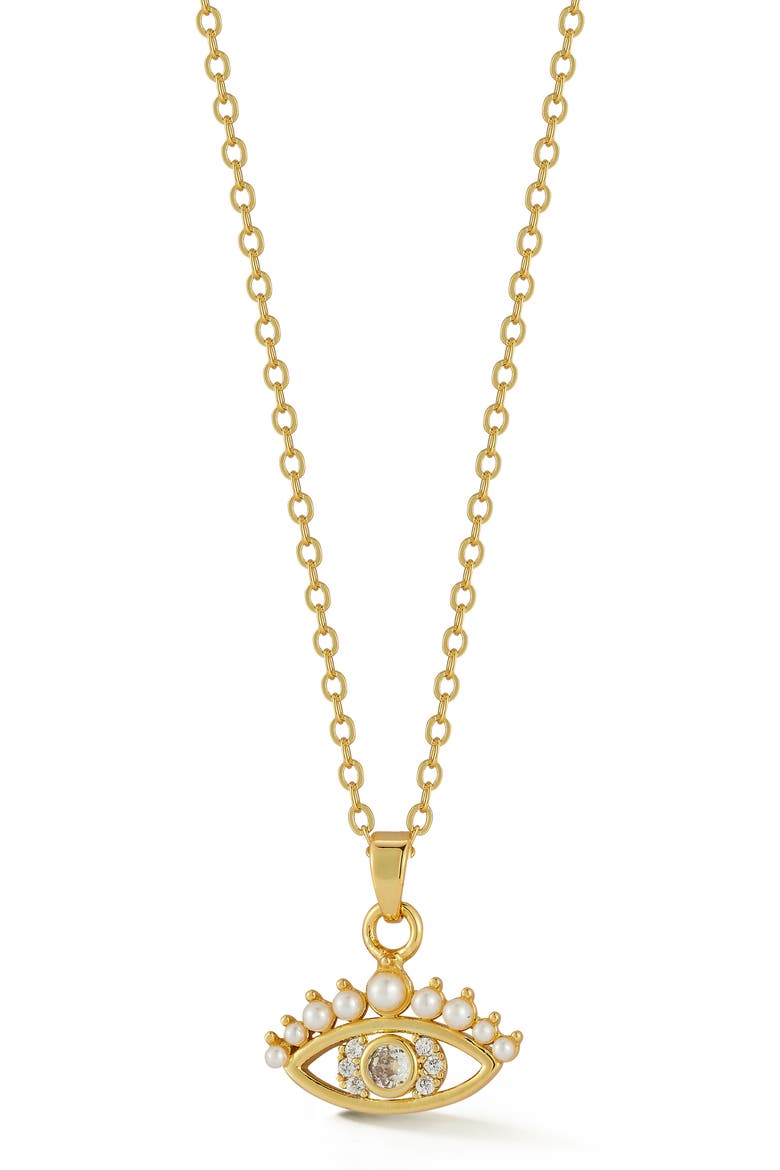Faux Pearl & Cubic Zirconia Evil Eye Pendant Necklace, Main, color, GOLD